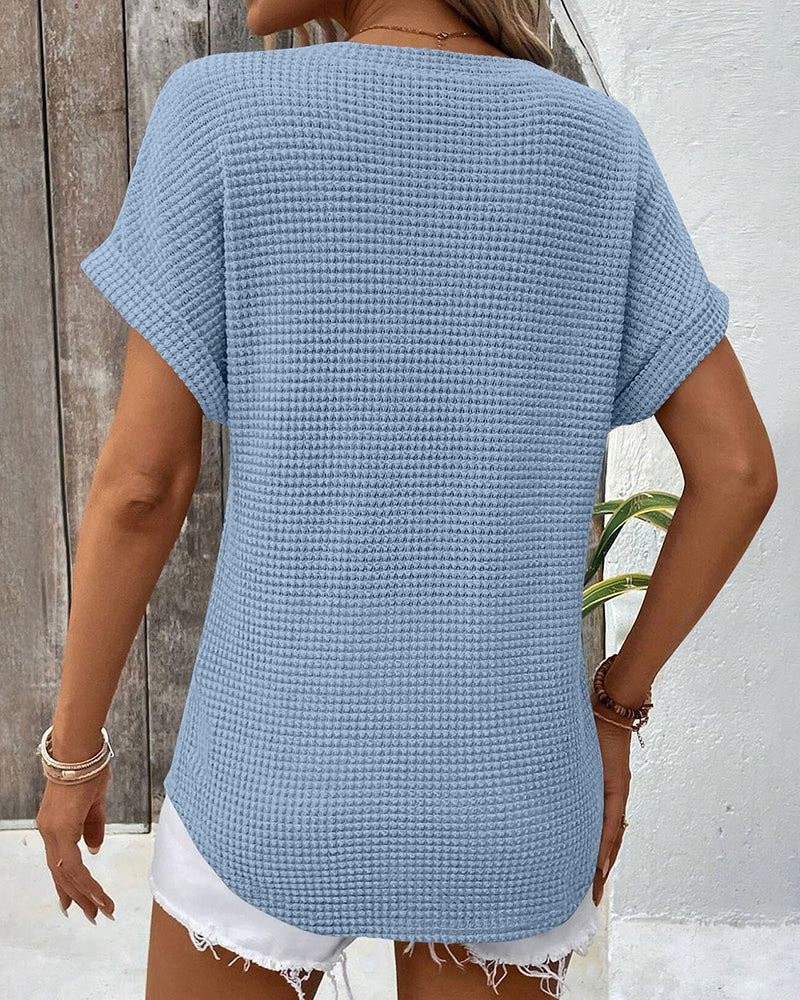 Women's Waffle Knit V-Neck Casual Summer T-shirt