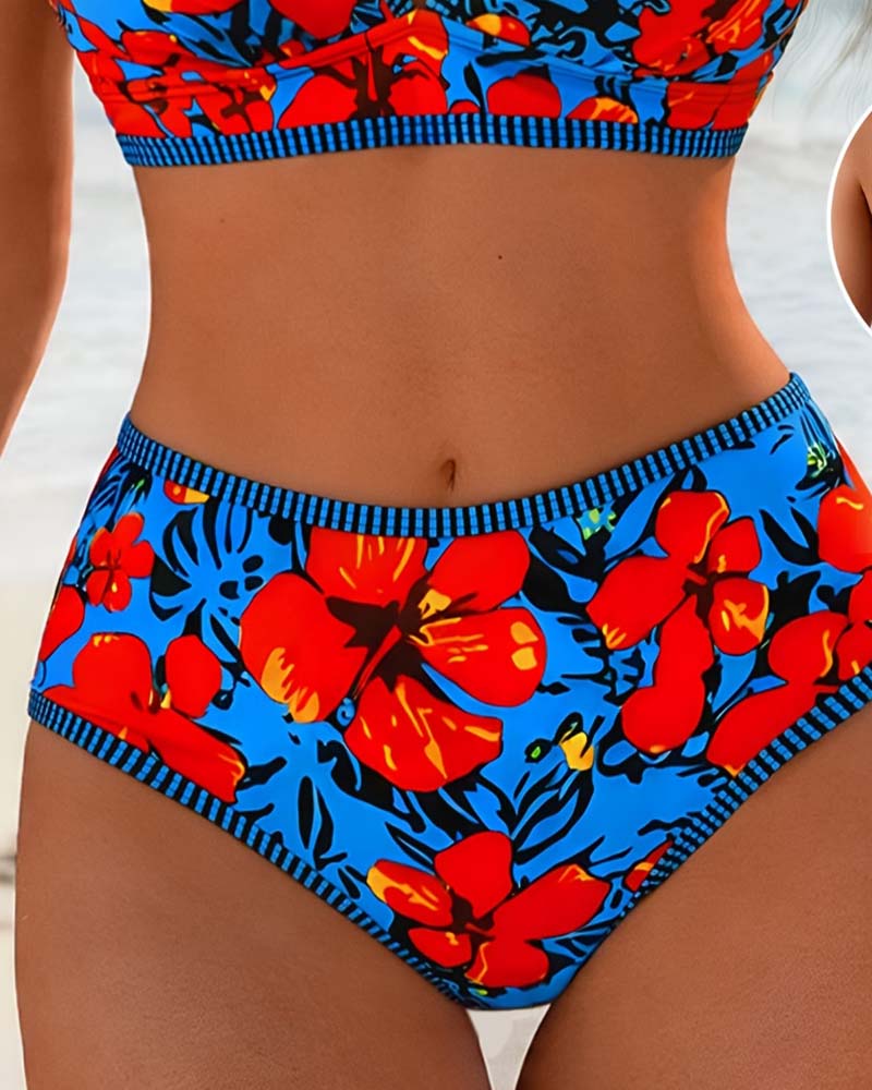 Floral Deep-V High-Waist Bikini