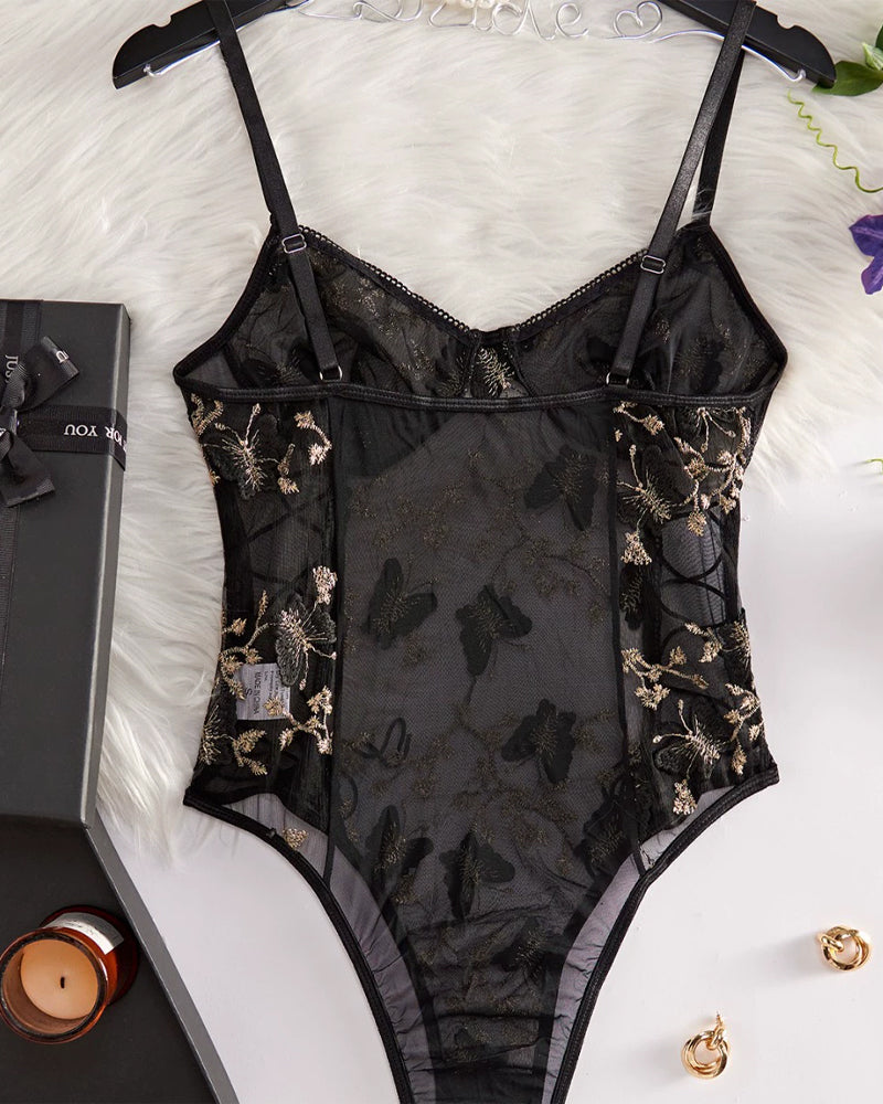 Lace Printed Spaghetti Straps One-Piece Lingerie