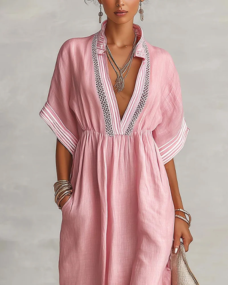 V-Neck Ruched Striped Loose Dress