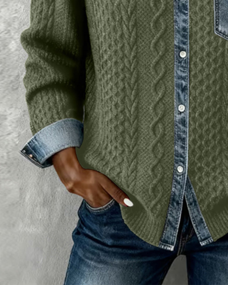 Long-Sleeved Denim Patchwork Shirt