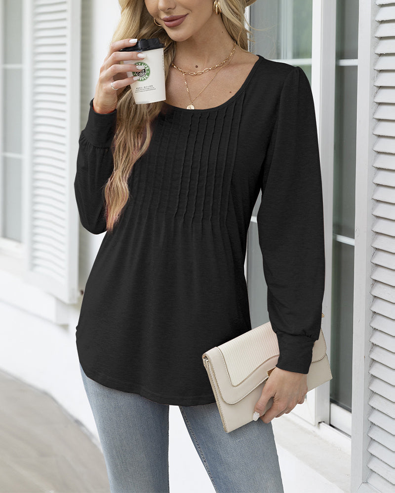 Casual solid color round neck pleated top