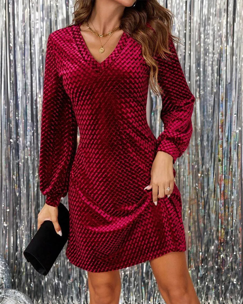 Elegant V-Neck Lantern Sleeve Dress