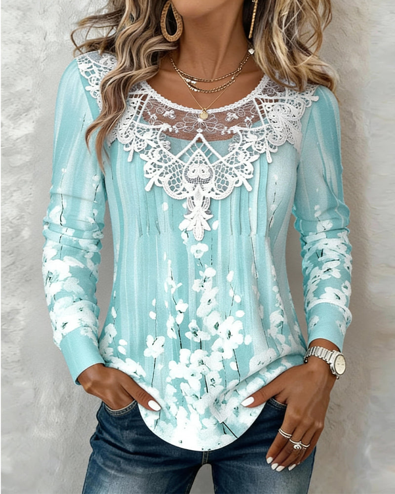 Lace-Trimmed Round-Neck Floral Long-Sleeved Top