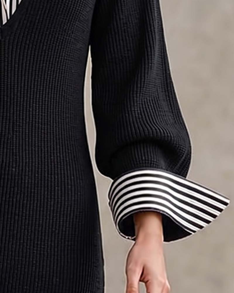 Lapel Stripe Long Sleeve Dress