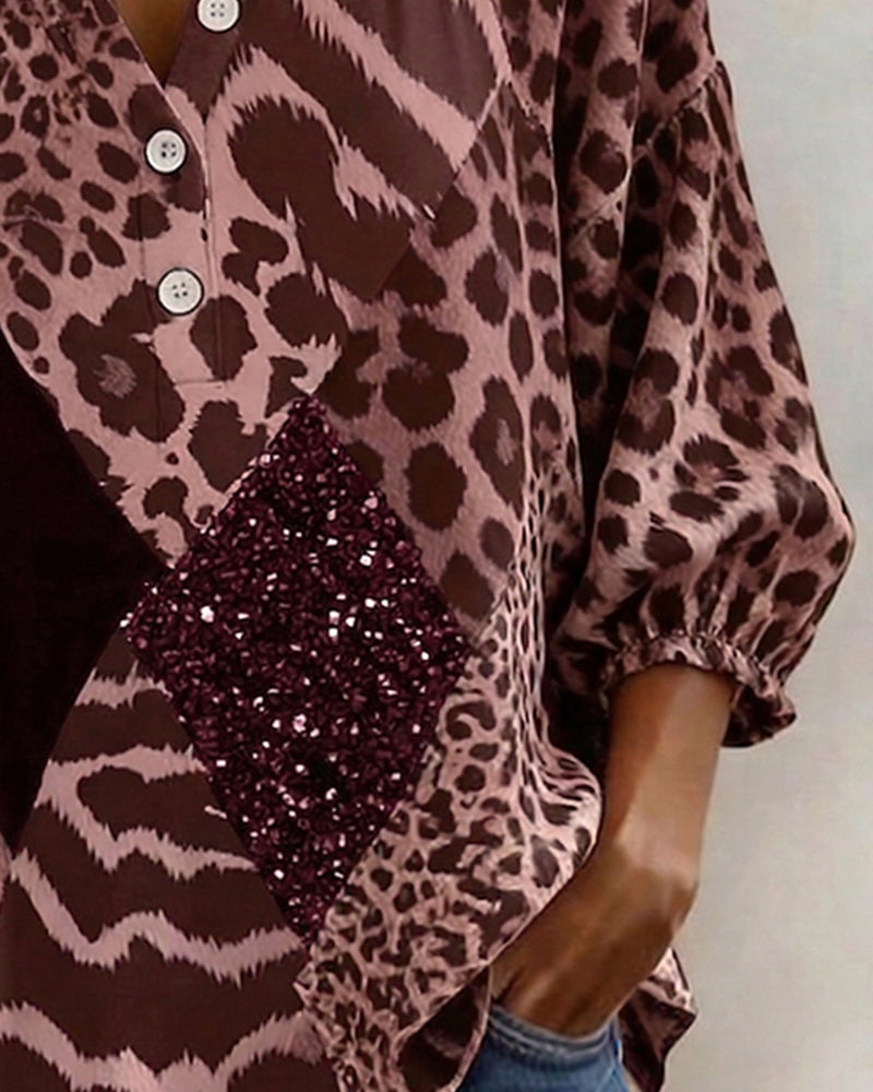 Square Neck Leopard Print Patchwork Sequin Blouse