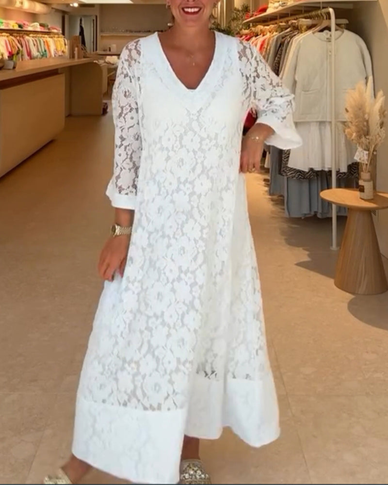 V-neck Hollow Lace Flower Loose Dress