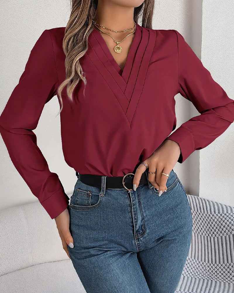 V-Neck Layered Solid Long Sleeve Top