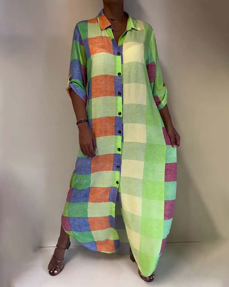 Plaid Collar Color-Block Shirt Dress