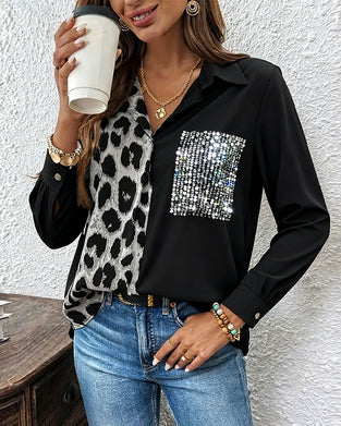 Leopard Print Contrast Rhinestone Shirt