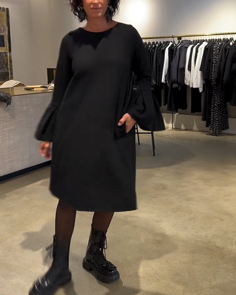 Solid Flare Sleeve Shirred Dress