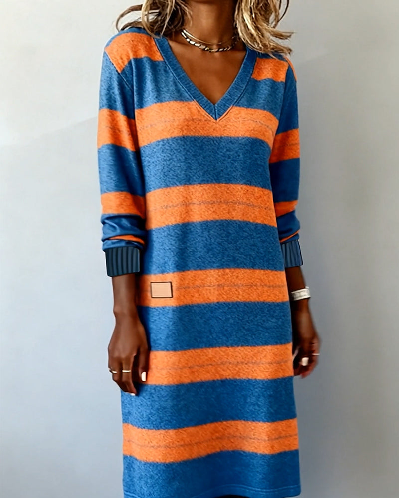 V-Neck Colorful Striped Knitted Dress