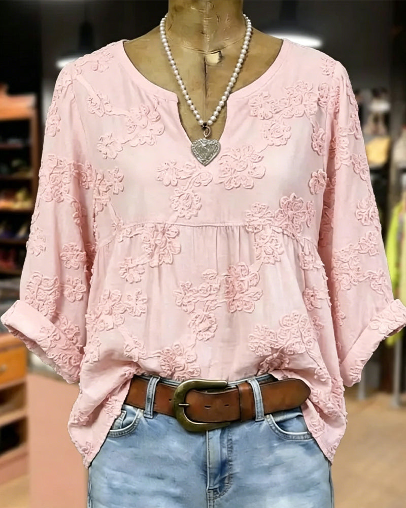 100% Cotton V-Neck Flower Print 3/4 Sleeve Blouse