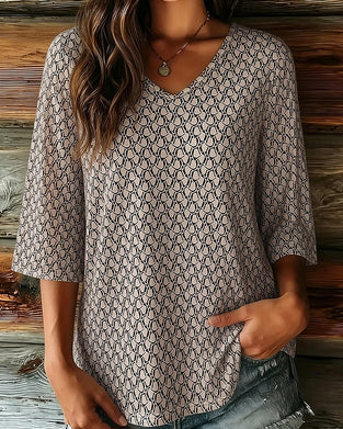 V-Neck Mid-Length Sleeve Casual Blouse