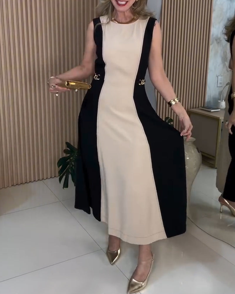Sleeveless Contrast Color Elegant Waist Dress