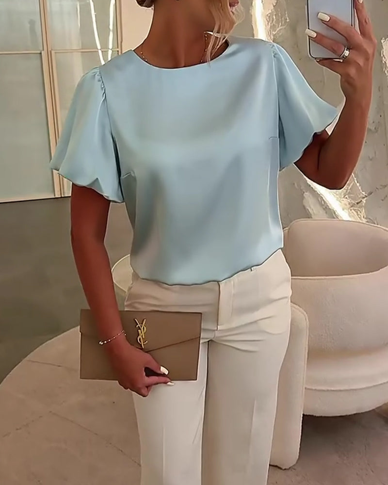 Satin Short-Sleeve Drape Blouses