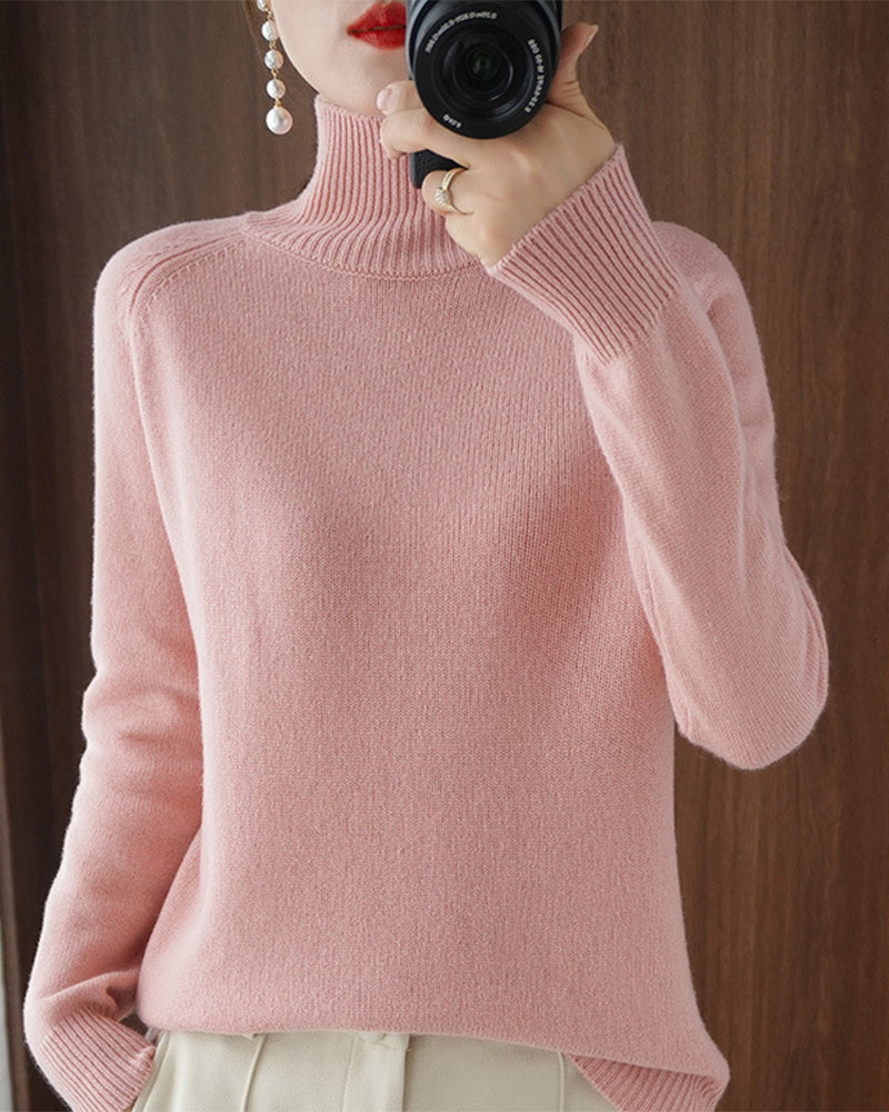 Simple solid color high collar long sleeve sweater
