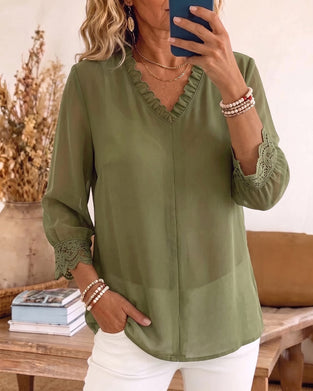V-Neck Ruffle Lace Patchwork Blouse