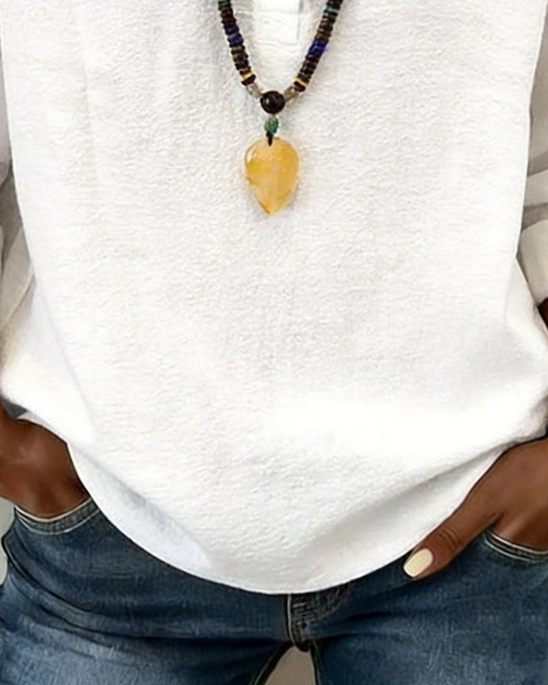 Round Neck Button Down Long Sleeve Blouse