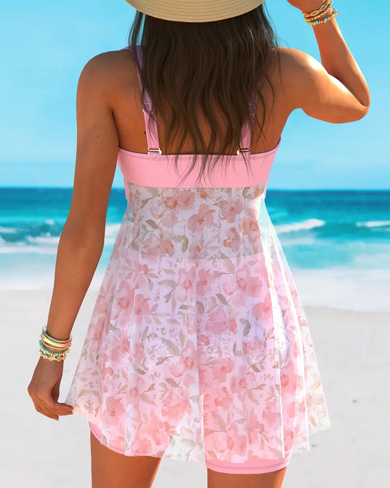 Two-Piece Sweet Floral Print Swimdress