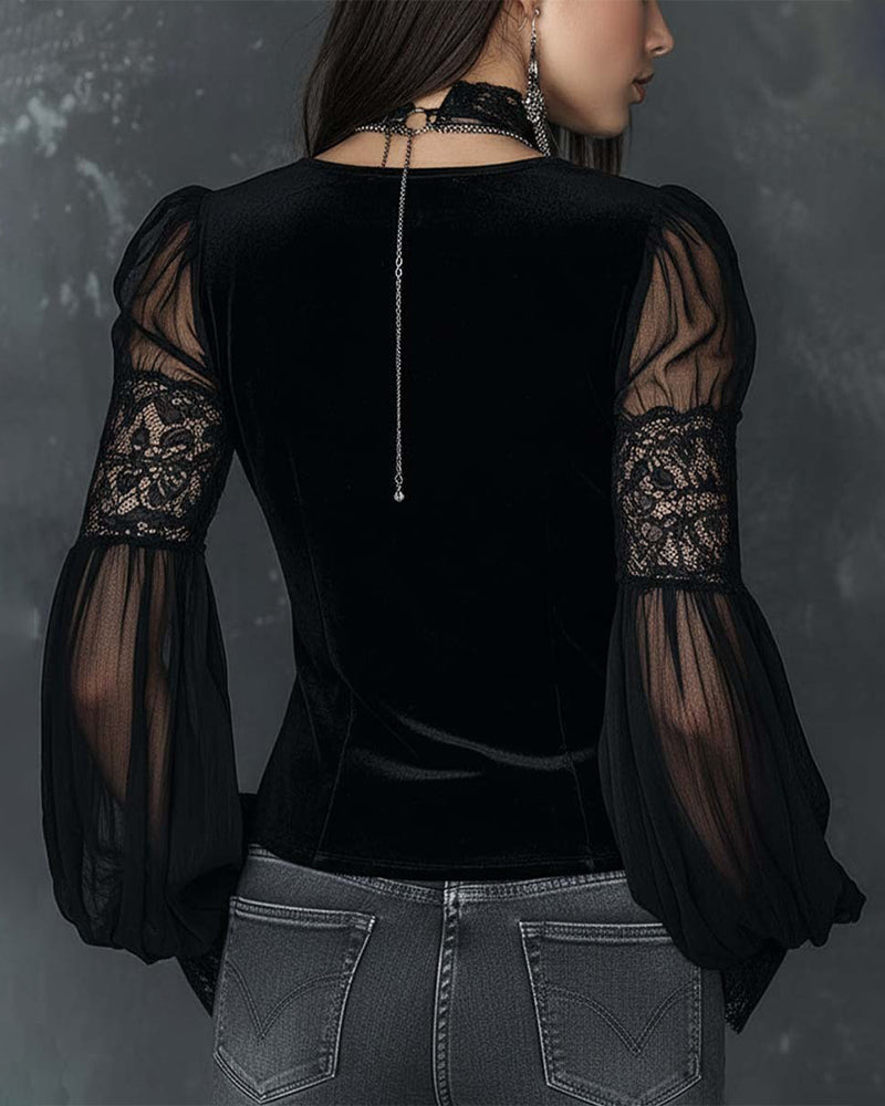 Button-Down V-Neck Puff Sleeve Blouse