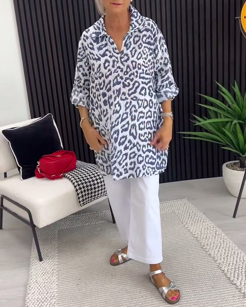 Lapel Leopard Print Blouse