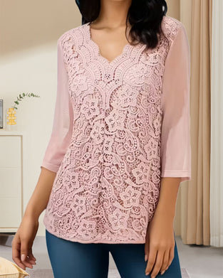 V-Neck Lace Three-Quarter Sleeve Blouse