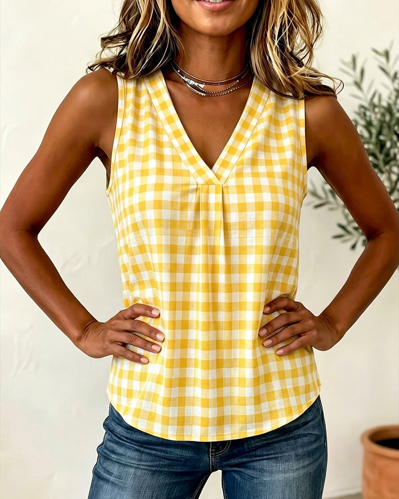 Plaid V-neck Sleeveless Tank Top