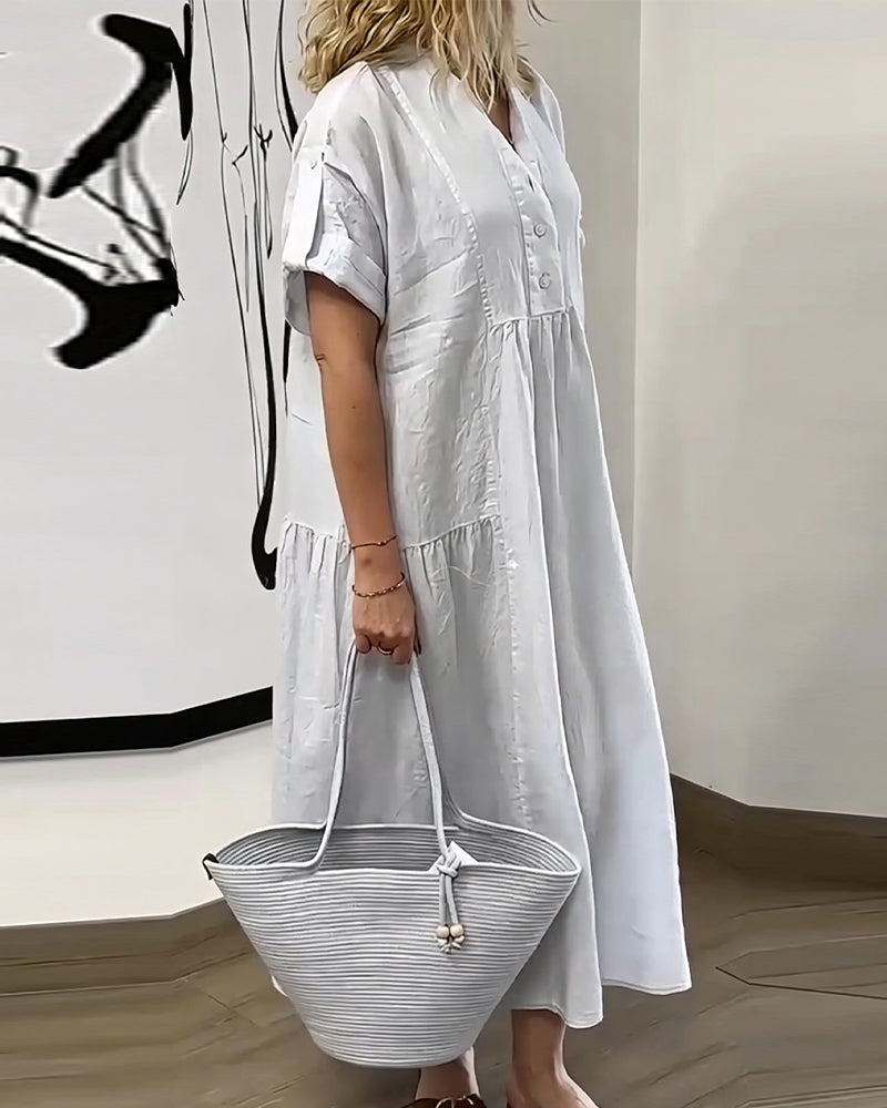 V-Neck Button Pleated Full Skirt Dress