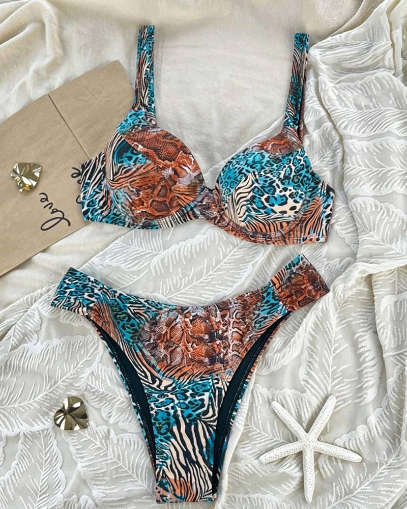 Leopard Print Color Block Strappy Bikini