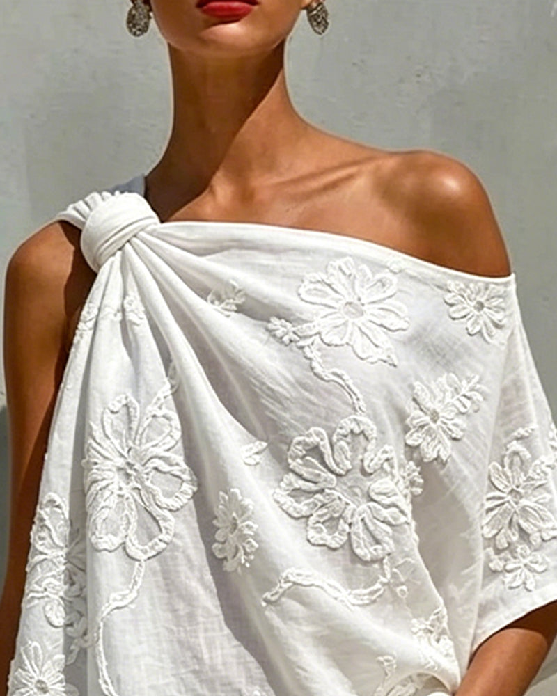 Three-Dimensional Flower One-Shoulder Blouse