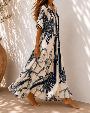 Vintage Scrollwork Lapel Shirt Dress