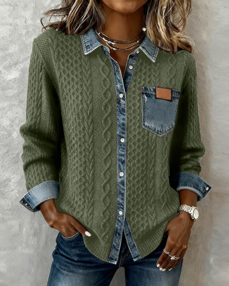 Long-Sleeved Denim Patchwork Shirt