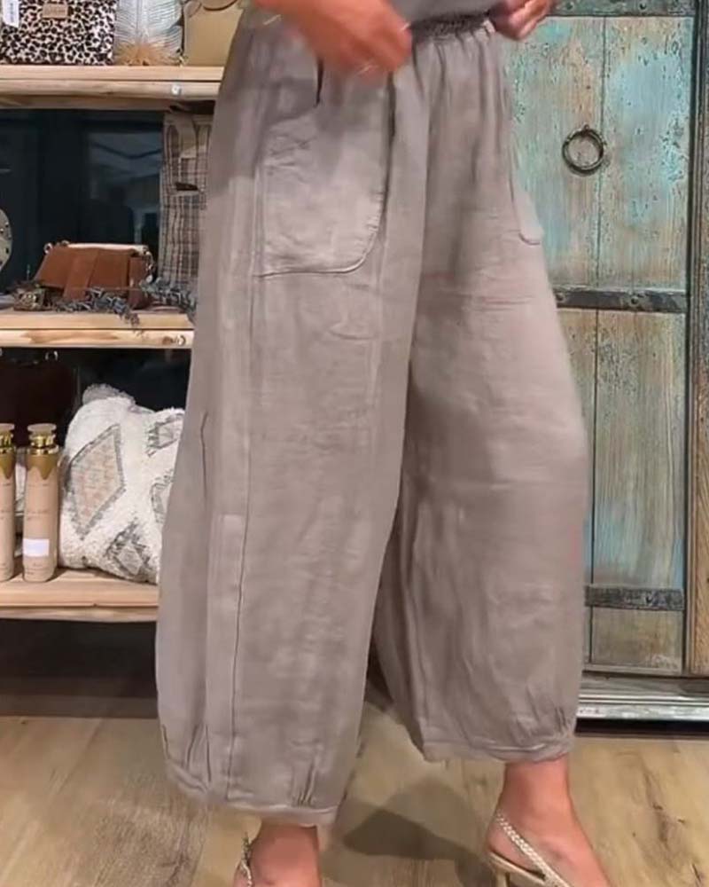 Elastic Waist Pocket Wide Leg Cropped Pants