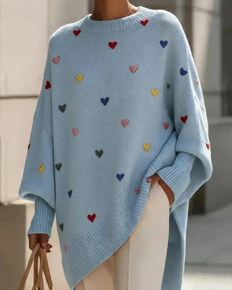 Colorful Heart Round Neck Bat Sleeve Pullover