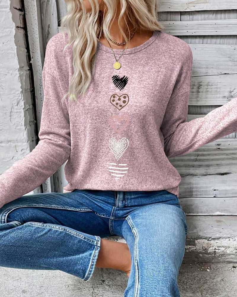 Long-Sleeved Round-Neck Love Heart Print Top