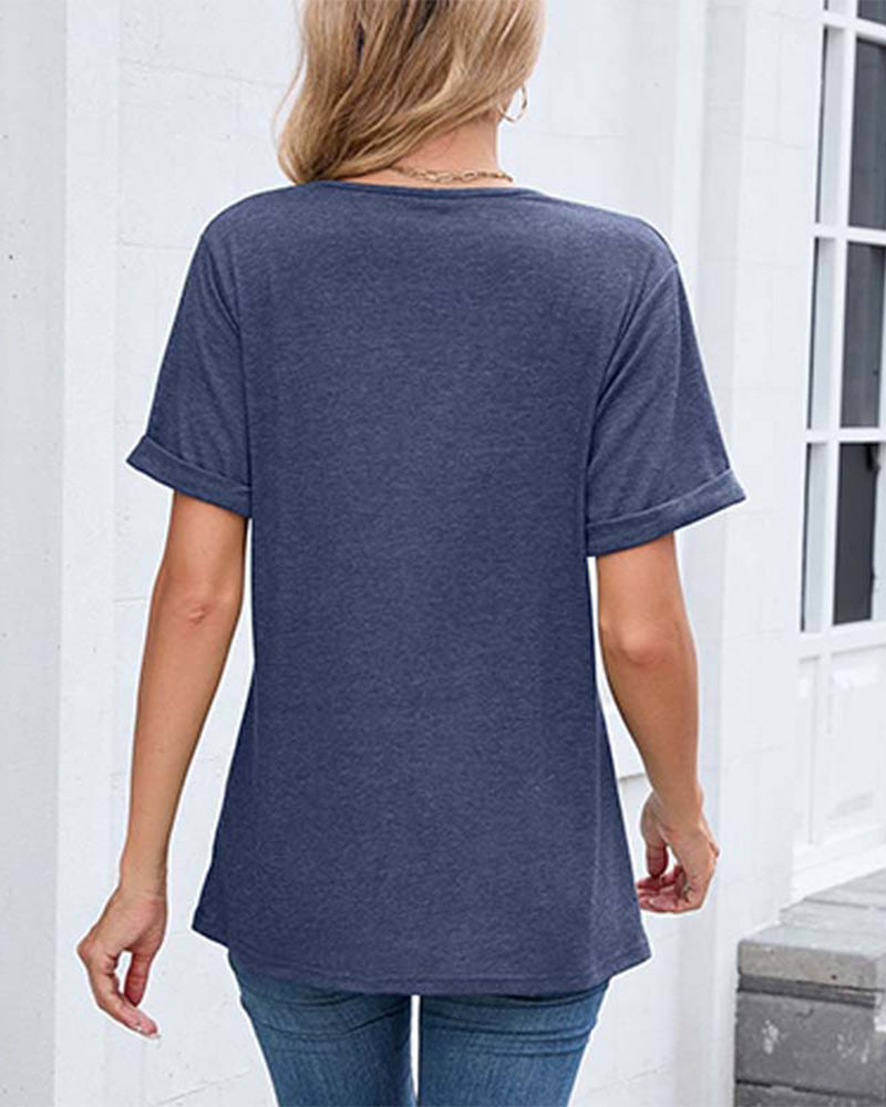 Solid V-Neck Casual Short Sleeve T-Shirt
