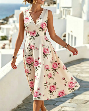 Floral V-Neck Sleeveless Waist A-Line Dress