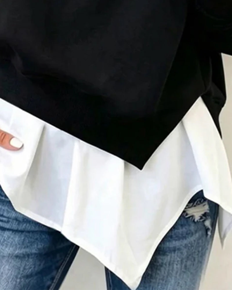 Faux Two-Piece Patchwork Collared Sweatshirt