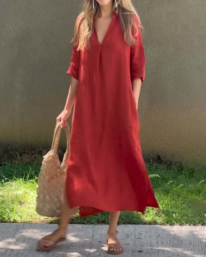 V-neck solid color pocket comfort dress