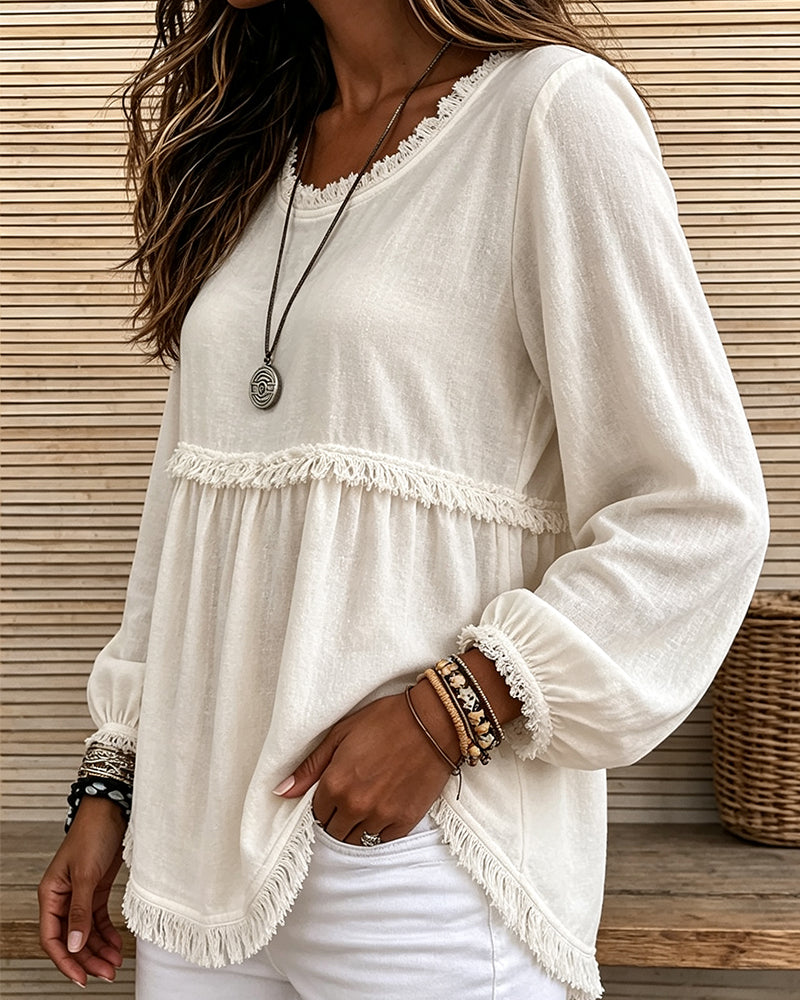 Crew Neck Fringe Lantern Sleeve T-Shirt