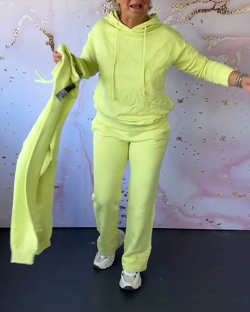 Solid color hooded sweatshirt pants two piece set