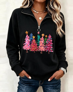 Half-Zip Christmas Tree Print Sweatshirt