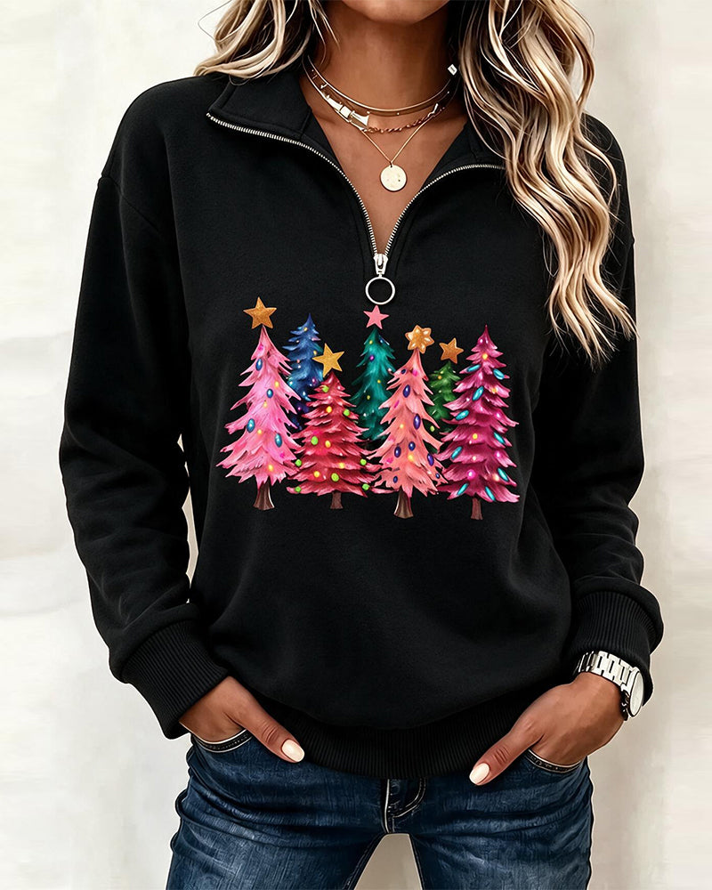 Half-Zip Christmas Tree Print Sweatshirt