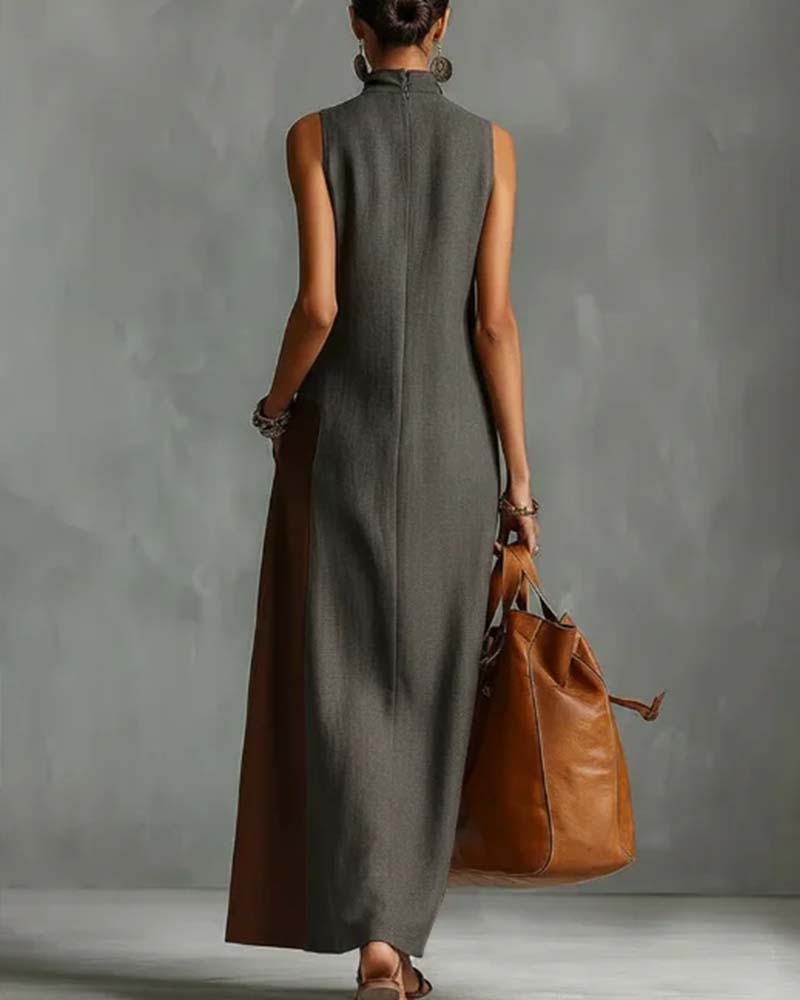 High Neck Asymmetric Patchwork Sleeveless Dress