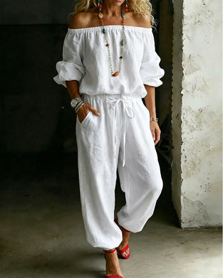 Off-Shoulder Tie Waist Cinched Waist Jumpsuit