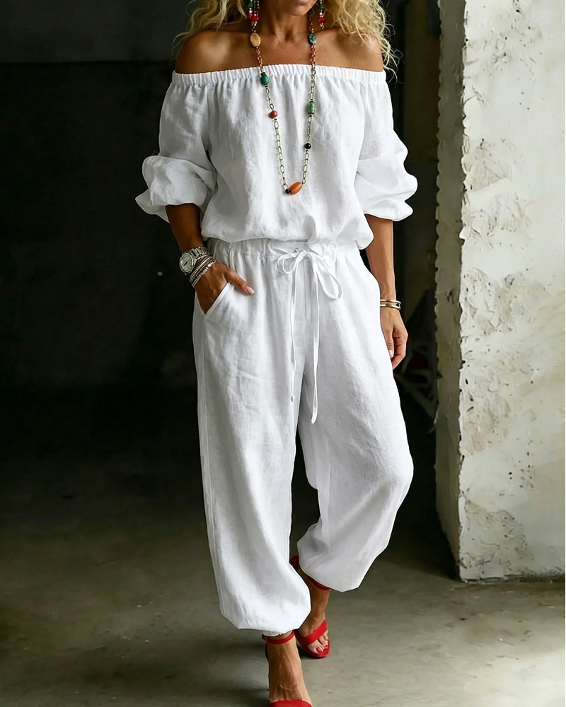 Off-Shoulder Tie Waist Cinched Waist Jumpsuit