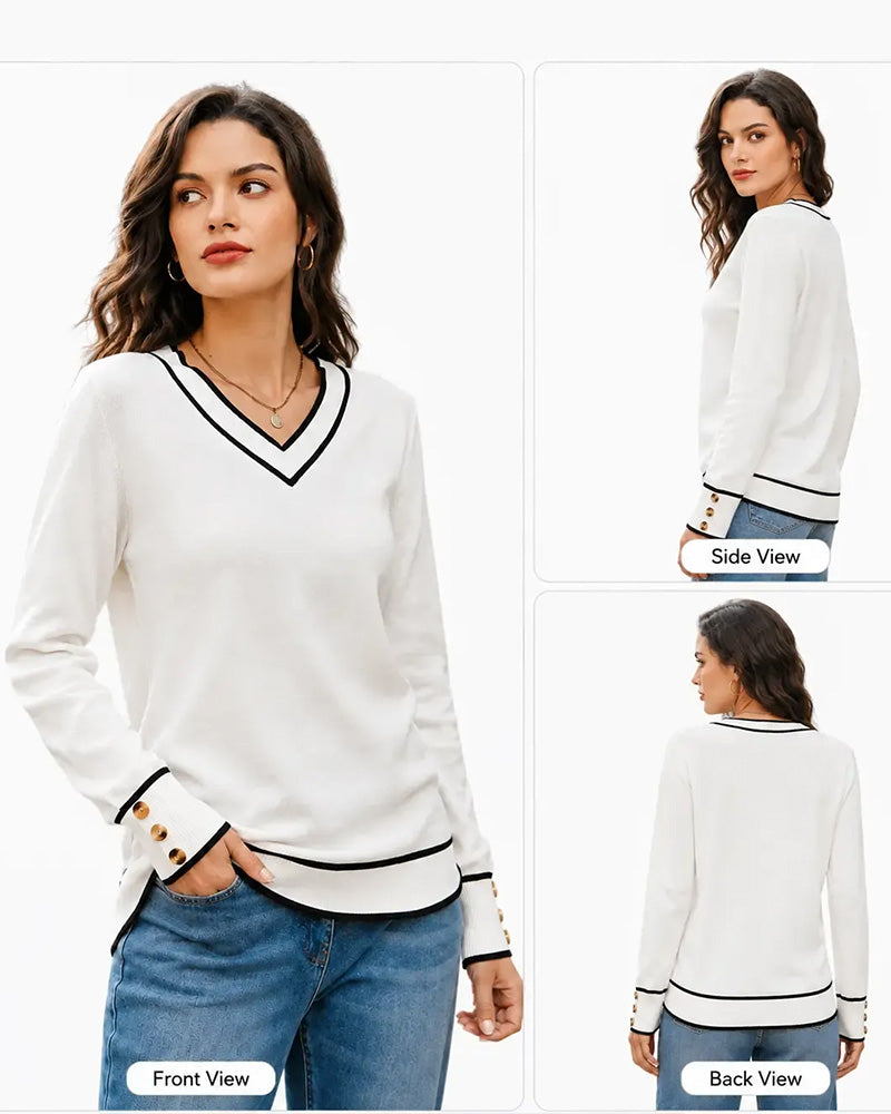Colorblock V-Neck Trim Button Pullover