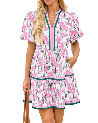 V-Neck Floral Bubble Sleeve Patchwork Dress