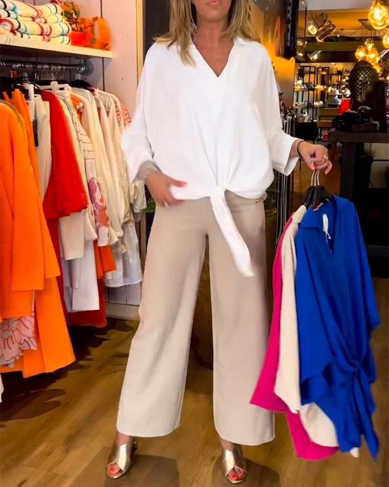 Tie Solid Color V-Neck Blouse